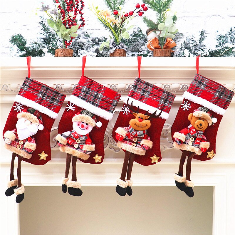1Pc Kerst Kousen Sokken Xmas Candy Zak Sneeuwpop Kerstman Elk Beer Afdrukken Bags Huis Kerstboom Decoraties