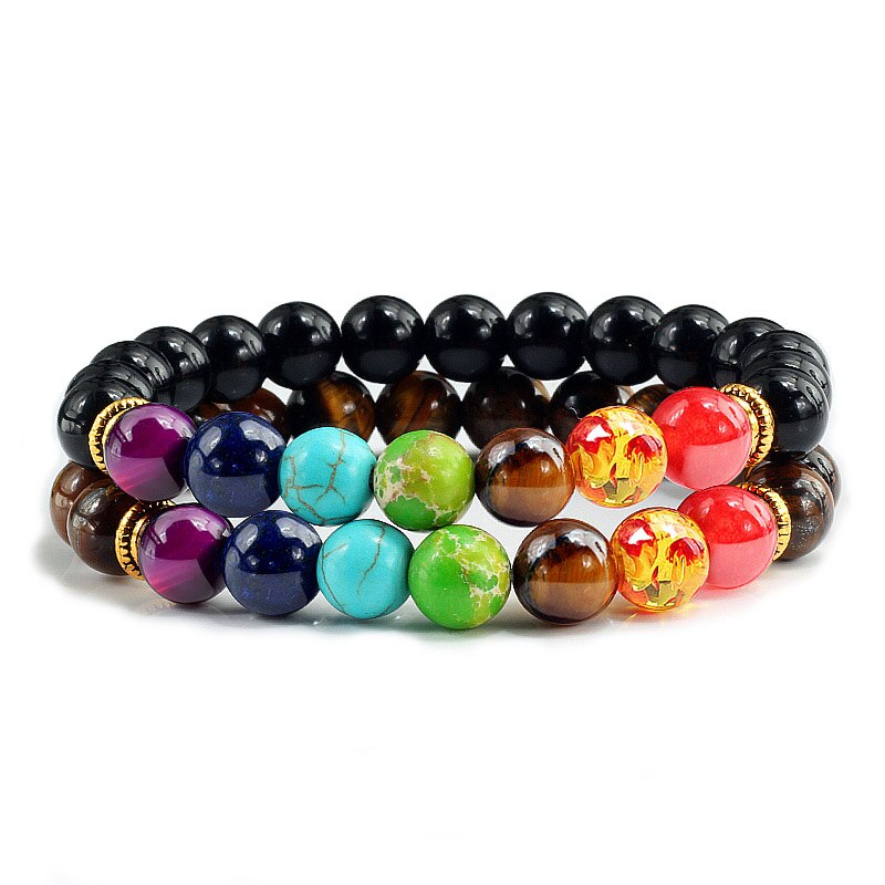 2 Stks/set 7 Chakra Lava Tijger Ogen Kralen Armbanden Healing Balans Boeddha Kleurrijke Natuursteen Mannen Armband Sieraden voor Vrouwen: Black Tiger Eyes