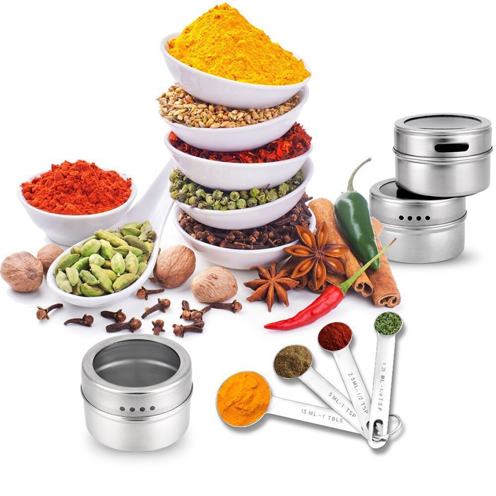 Couvercle clair magnétique pot à épices ensemble en acier inoxydable Sauce aux épices récipient de stockage pots cuisine D6