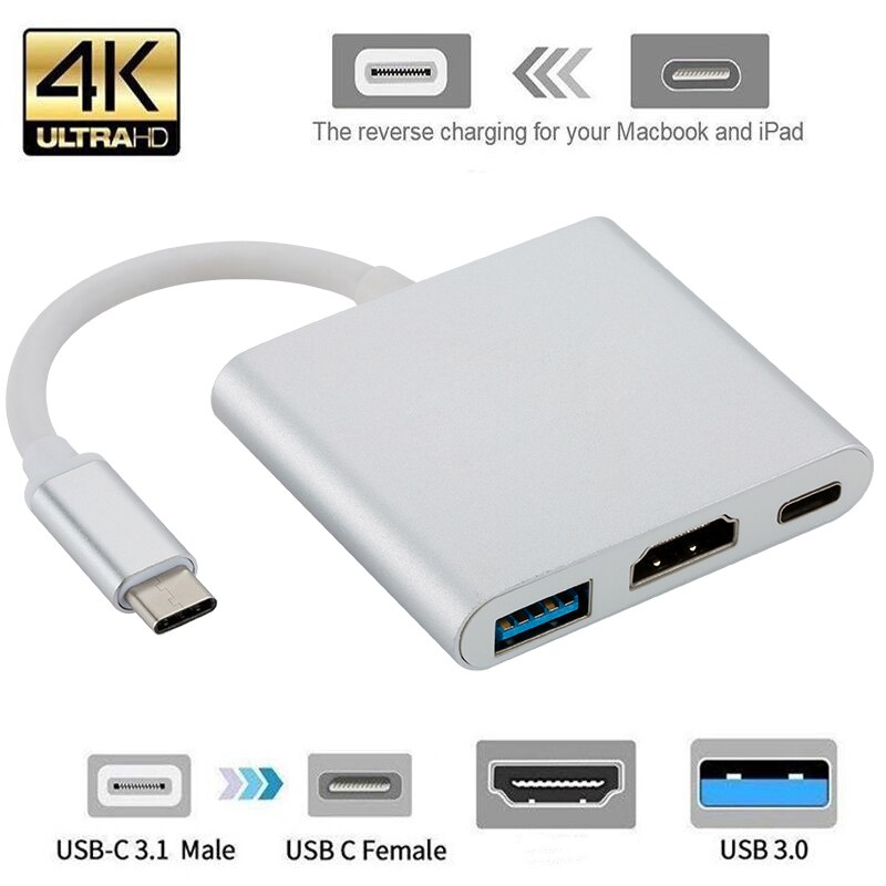 Estación de acoplamiento Usb C Typec a 4K HDMI compatible con USB3.0 muelle con la policía de carga para MacBook Usb Multi adaptador concentrador Thunderbolt: Silver 3 in 1