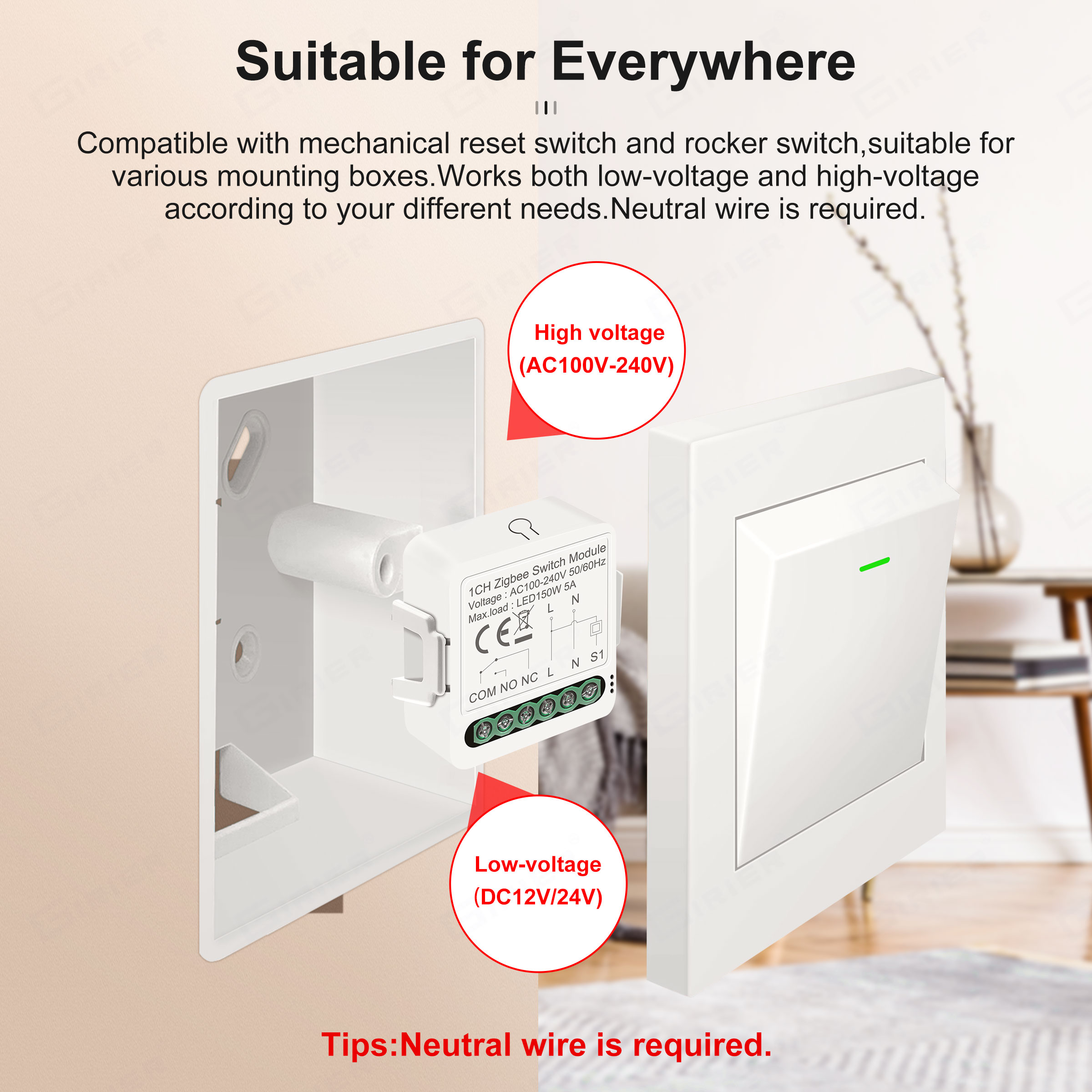 GIRIER Tuya Smart ZigBee Switch Modulo 5A Contatto a secco Interruttore universale Relè DC 12/24V AC 100-240V Funziona con Google Home Alexa