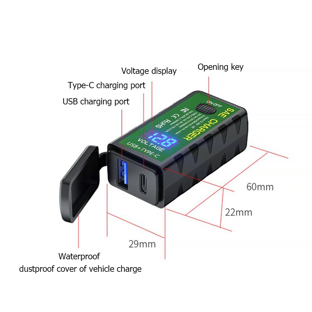 4.8A 2port USB Motorcycle Charger 12V SAE to USB Waterproof Fast Charging Adapter with On/Off Switch for Mobile Phone GPS