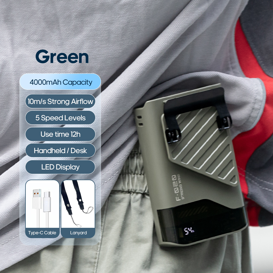 Mini 4000 mAh draagbare reisventilator 5 windsnelheden Camping Outdoor draagbare ventilator Oplaadbare koelventilator met LED-voedingsdisplay: green