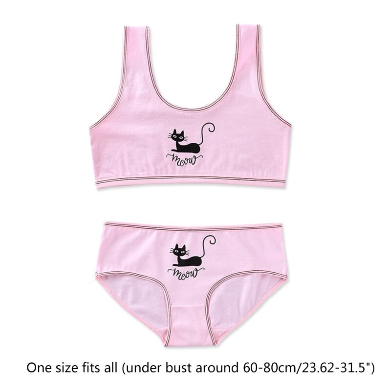 Adolescenti ragazze 2 pezzi Set di biancheria intima simpatico gatto nero stampa cinturino largo reggiseno da allenamento gilet a righe Top e mutandine abbinate sport U