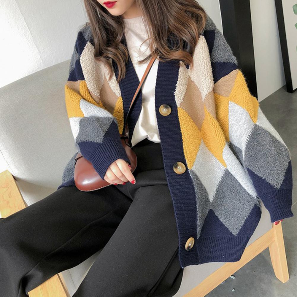 Women Sweaters Cardigan Coat Rhombus Pattern Long Sleeve Buttons Knitted Cardigan Sweaters for Women Autumn Cardigan Knitwear