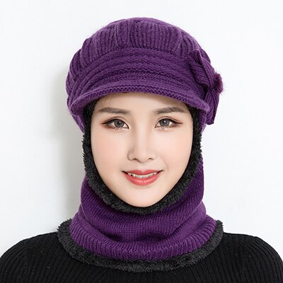 Female Neck Warmer autumn winter Beanies Hats Mask Women Winter Hat Knitted Hats Scarf Set Beanie Ski Caps Woman: Dark purple