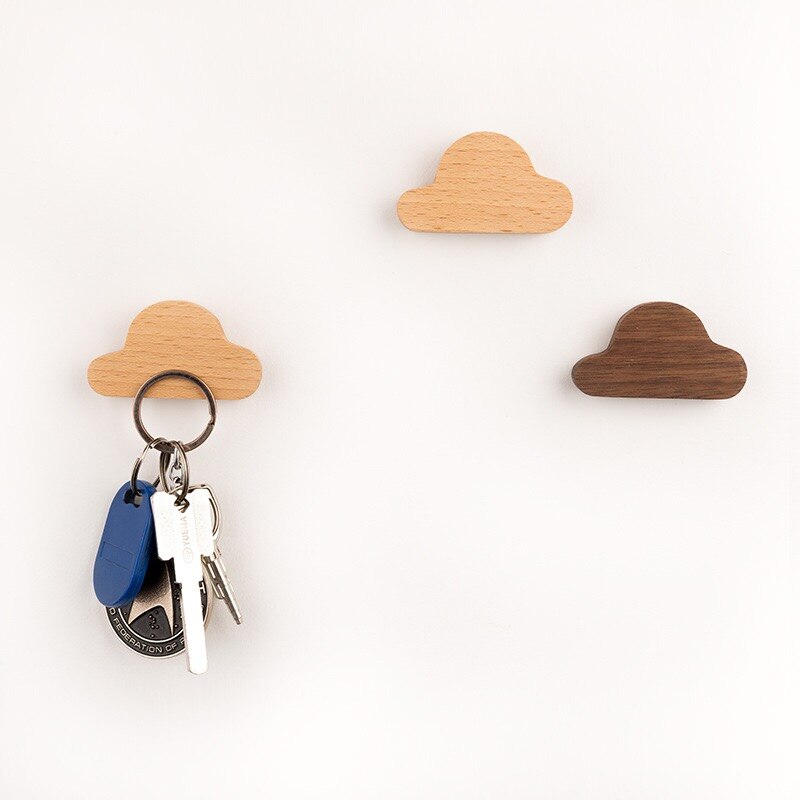 idYllife 2pc Set Wood Key Hooks Magnetic Cloud Lightening Home Decoration Wall Magnet Vestibule Keyring Holder Organization Rack