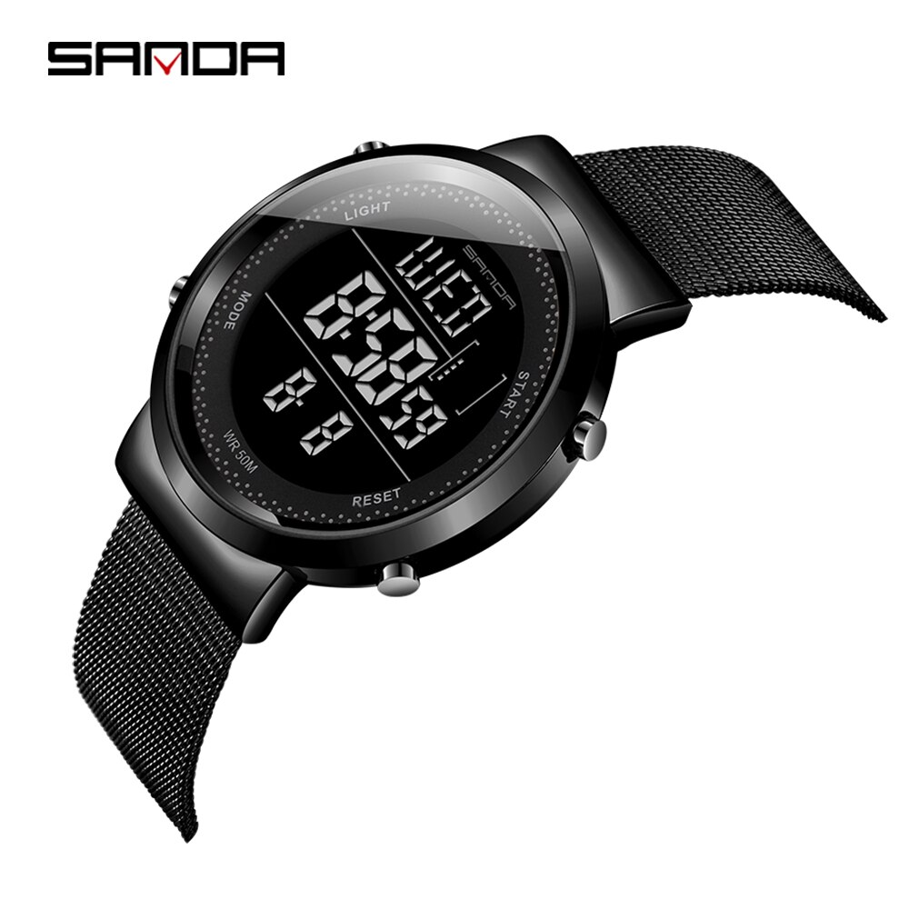 Sanda koppelhorloge led digitaal dames herenhorloge roestvrij staal mesh riem waterdichte liefhebbers horloges relogio masculino: Mannen zwart