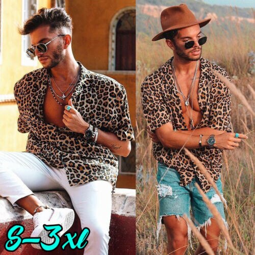 Men's Leopard Buttoned Shirt Summer Short Sleeve Plus size Casual Shirts