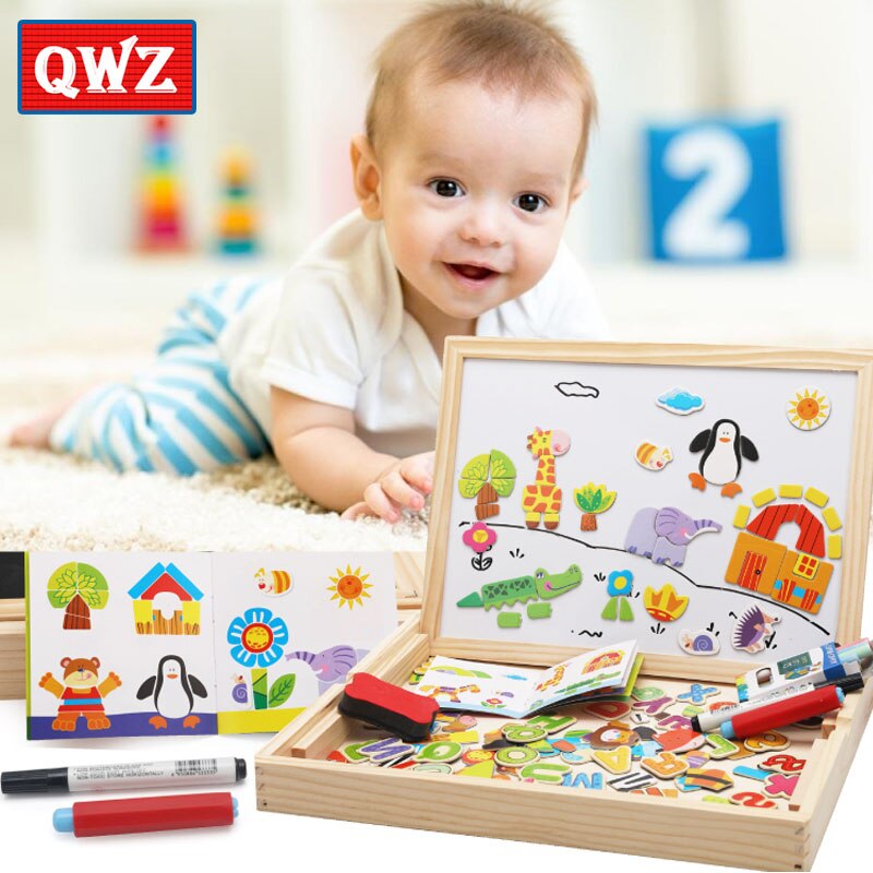 Houten Puzzels Voor Kinderen Cartoon Dieren Multifunctionele Magnetische Puzzel Tekentafel Educatief Speelgoed Voor Baby