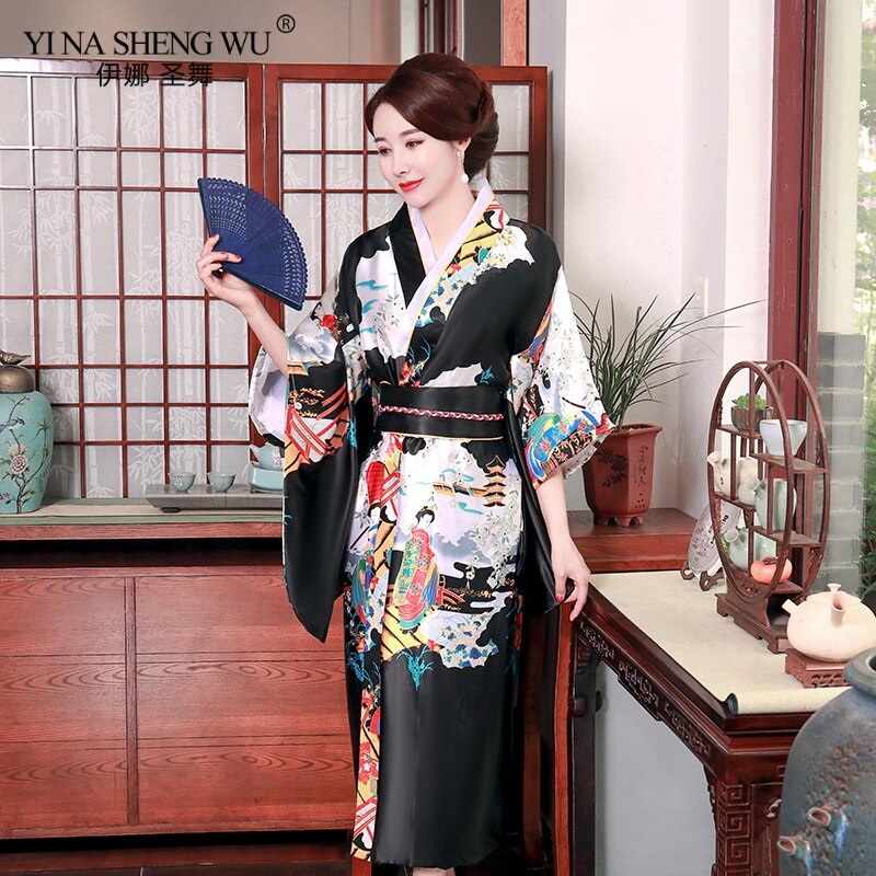 Kimono japonés mujer verano ropa de ocio Kimono Albornoz estampado de satén mujeres estilo largo traje de Cosplay japonés tamaño libre: Black