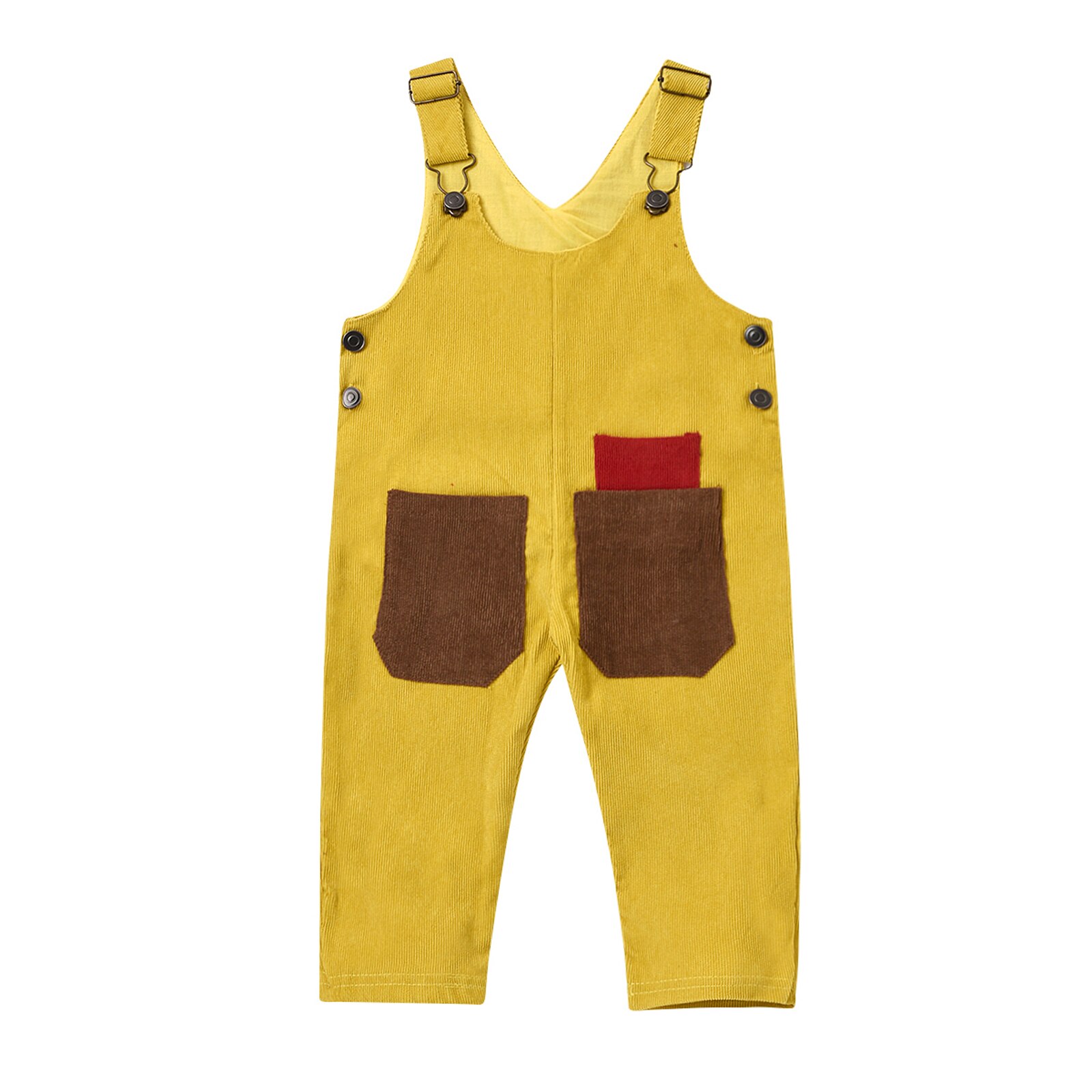 Peuters baby bretels broek romper corduroy jumpsuit herfst mouwloos zijzak patch kleur kinderen overalls knopen kleding: Geel / 3t