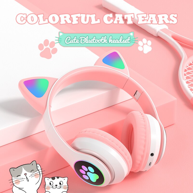 Flashing LED Cute Cat Wireless Headphones with Microphone Women HiFi Stereo RGB Music Phone Bluetooth Headset: pink