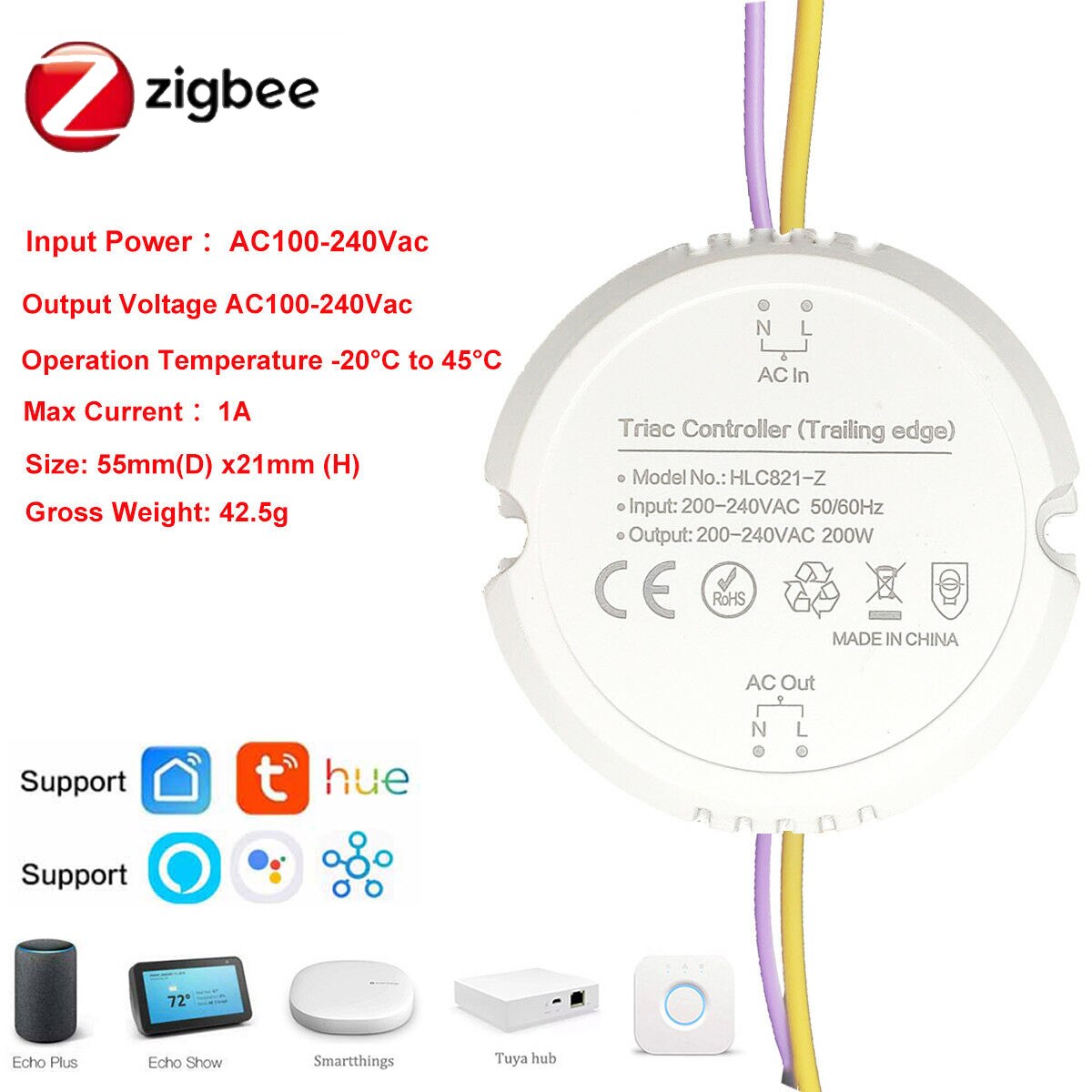 AC 220V Smart ZigBee 3.0 200W Triac Light Controller Dimmer Smart Home Modified Switch For Hu*e Echo TUYA Plus Smartthings Hub
