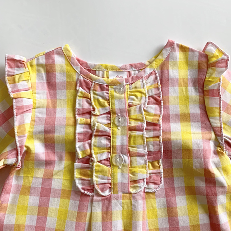 Camicia per ragazze a quadri rosa/gialla camicetta per bambini per bambini primavera proprietà abbigliamento per ragazze camicia per bambini camicia in pizzo principessa neonato