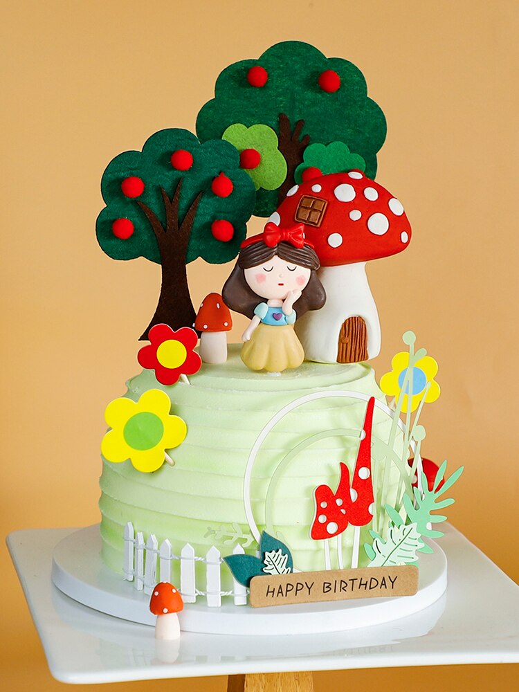 Princess Girl Happy Birthday Cake Topper Soft pottery Tree Insert Decor Apple tree Mushroom Cabin Baking Cakes Decoration