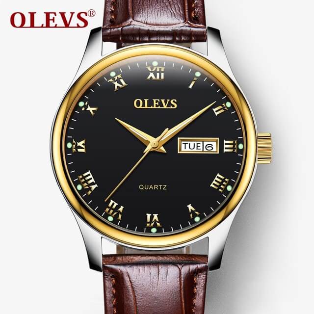 OLEVS Paar Horloge Paar Rvs/Lederen Dames Horloge Datum Lichtgevende Quartz Mannen Horloges Waterdicht Horloge: Men Leather Black