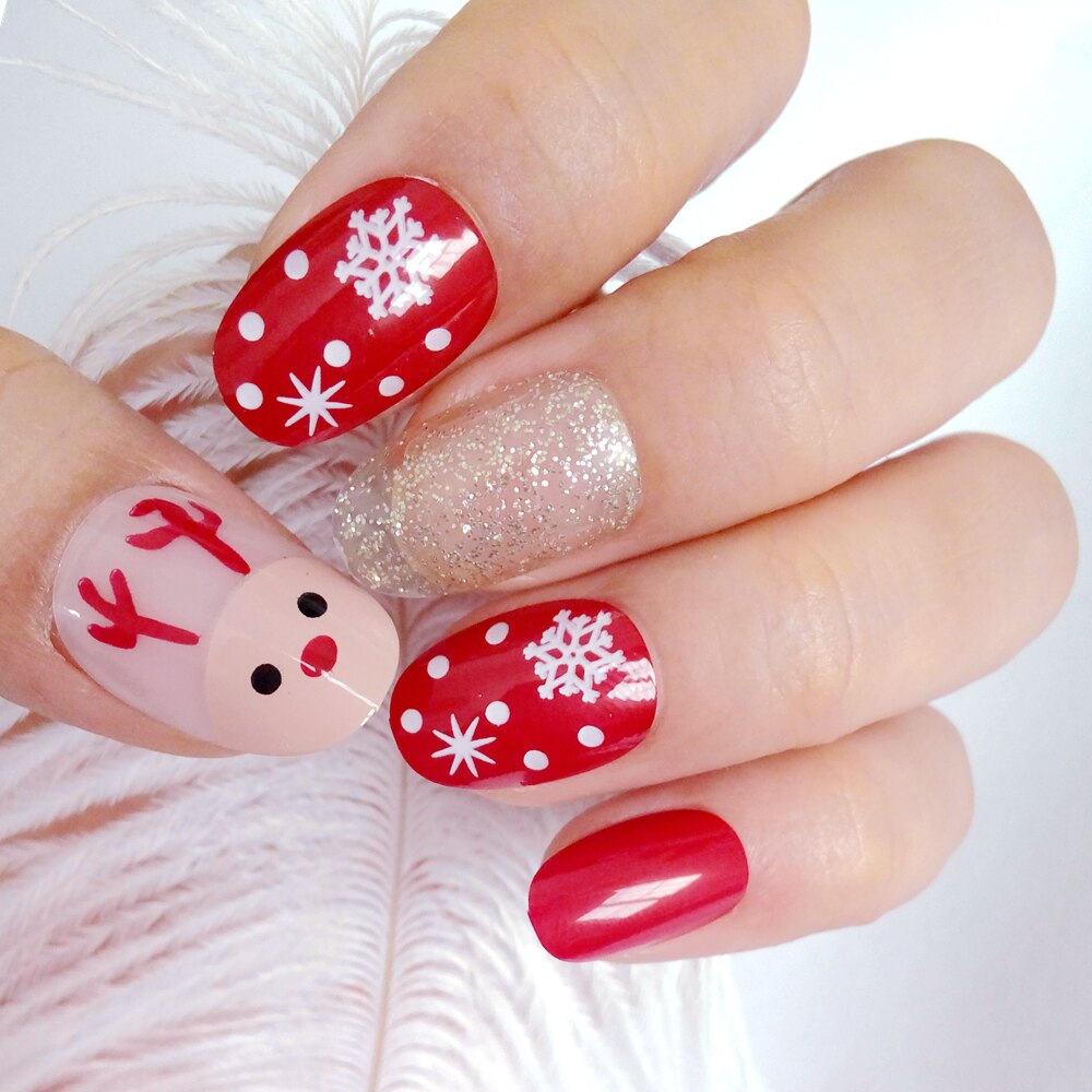 Faux ongles courts artificiels de noël, rouge vin, pour manucure, avec motifs, joli cerf de neige, couverture complète bricolage-même, 24 pièces: Z028