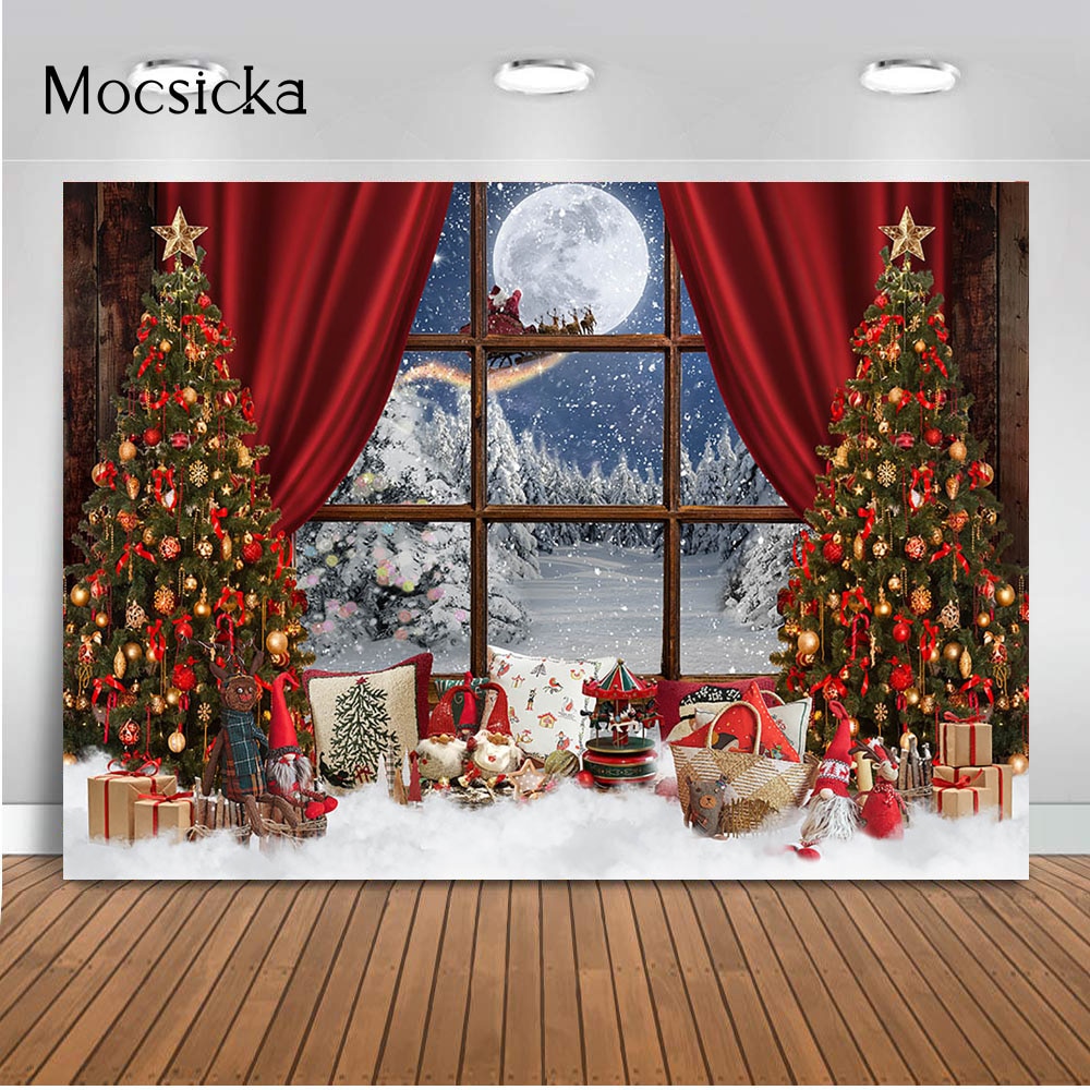Children Kids Christmas Portrait Background for Photography Pine Tree Boxes Red Curtain White Snow Scene Photo Background