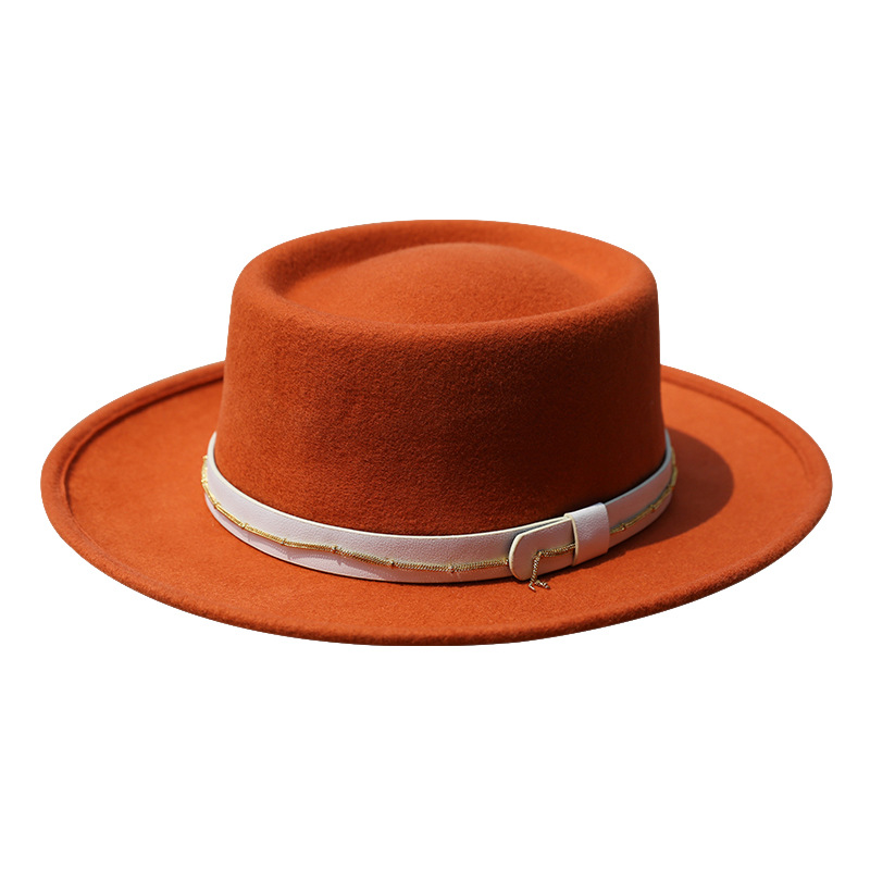 Casquette avec chaîne en feutre de laine pour femmes, chapeau marron à bord plat, casquette en forme de dôme, à la , chapeau Fedora pour église, X4069: Orange
