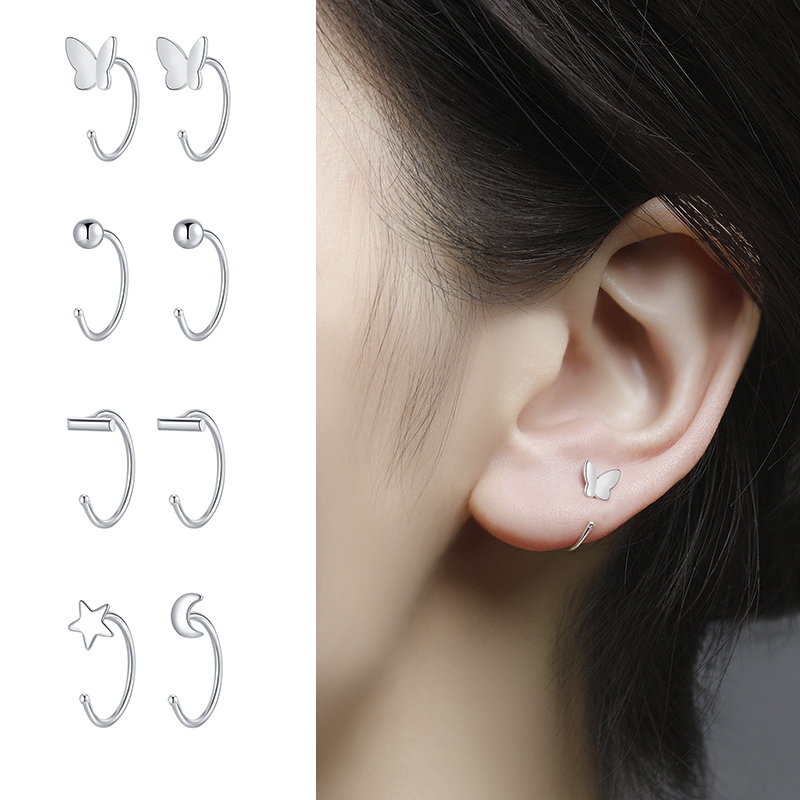 Brincos de argola geométricos assimétricos borboleta, cores prateadas, para mulheres, pequenos, abertos, aro, joias, piercing de orelha, meninas