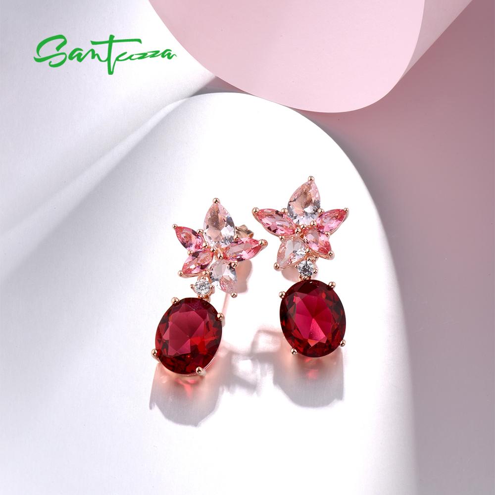 Boucles d'oreilles en argent SANTUZZA pour femmes pur 925 en argent Sterling scintillant rose fleur ovale pierres rouges glamour