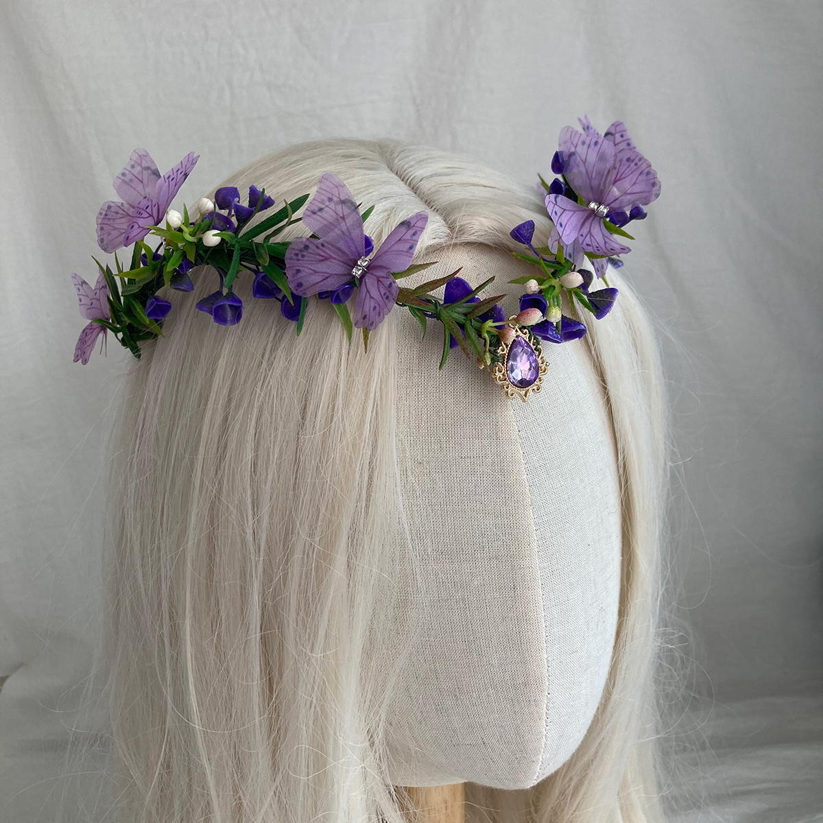 Purple Flower Headpiece - Fairy Floral Crown Woodland Elf Headband Forest Wreath Elven Tiara for Renaissance Cosplay Wedding: Light Yellow Gold Color