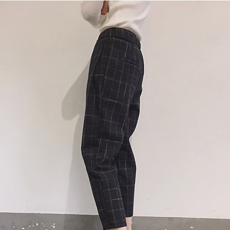 Kvinder bukselommer plaid kvinder løs afslappet kvindelige højtaljede bukser kvinder koreansk stil retro chic studerende piger