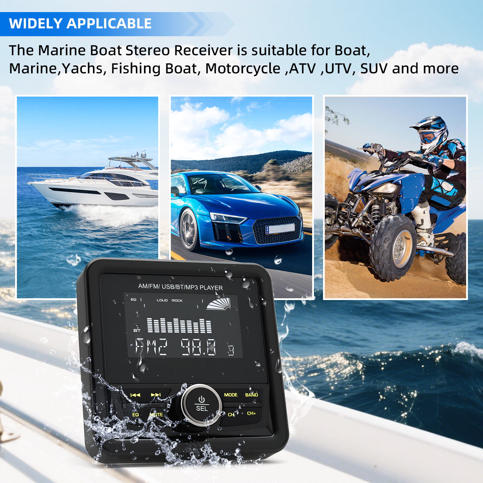 Marineradio, bootsstereoanlage, bluetooth-fähig, fm/am-digital-media-audioplayer, wasserdichtes bootszubehör für yacht, atv und utv