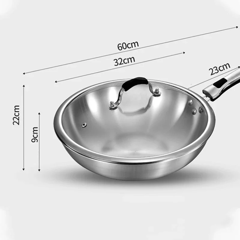 32cm ångfria non-stick wokpannor 304 stekpanna i rostfritt stål med glaslock hushålls-obelagrad wok-spis gaslämplig