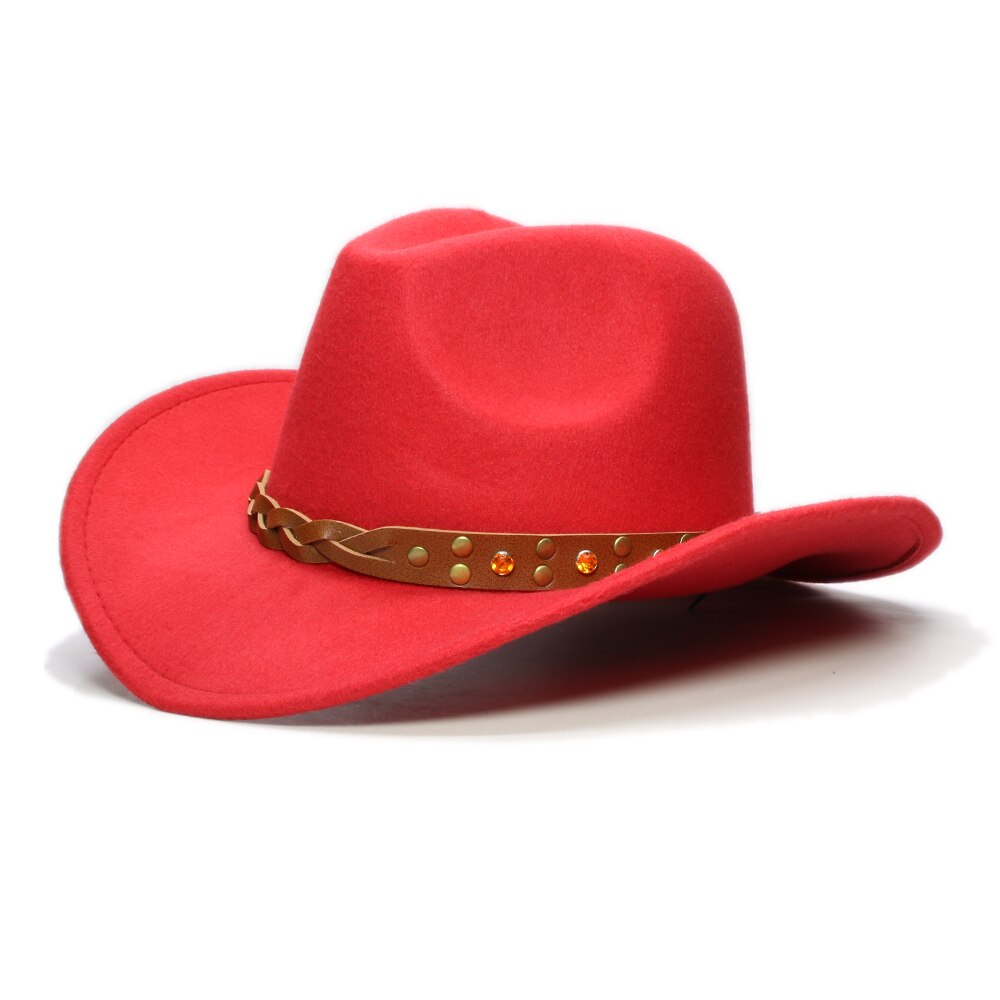 Retro Turquoise Yellow Crystal Band Parent-child Unisex /Kid Wool Wide Brim Cowboy Western Hat Cowgirl Bowler Cap (57cm/54cm): Red / Adult Size 57cm