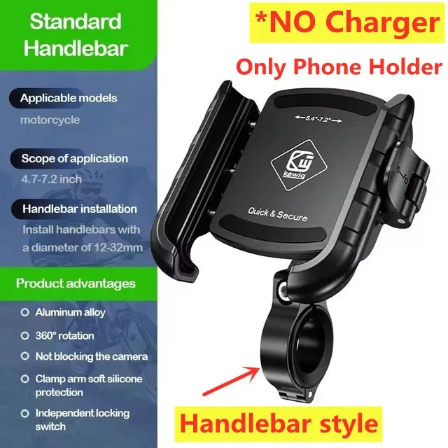 Motorcycle Bicycle Phone Holder Fast Charging USB-C Charger Moto Motorbike Mirror Stand For 4.7-7.2” Smartphones Handlebar Mount: black