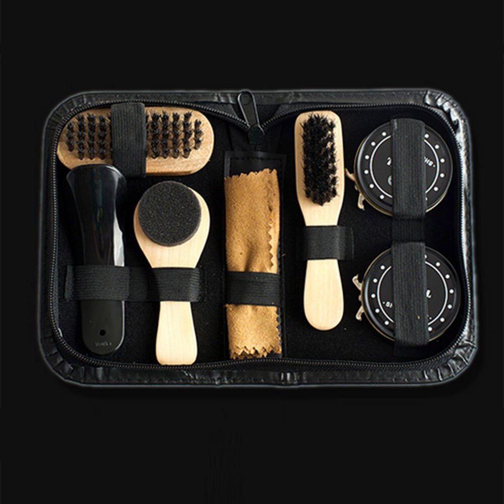 8pcs Shoe Shine Polish Cleaning Care Brushes Cloth Kit Travel With Case Shoe Shine Care Kit Shoe Care Kit