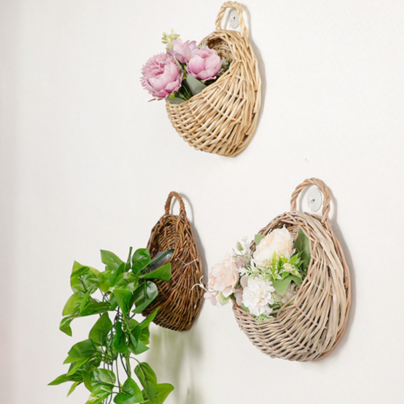 Hand-woven Rattan-chic Decorative Rattan Wall Hanging Basket Onion Basket Wall-mounted Onion Container-retro Bohemian Storage