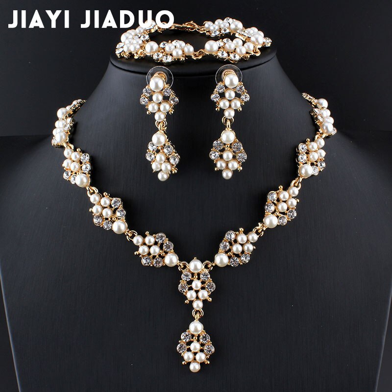 Jiayijiaduo Imitação pearl jewelry set 3 ps para as mulheres de noiva acessórios do casamento colar brincos de ouro-cor pulseira de presente