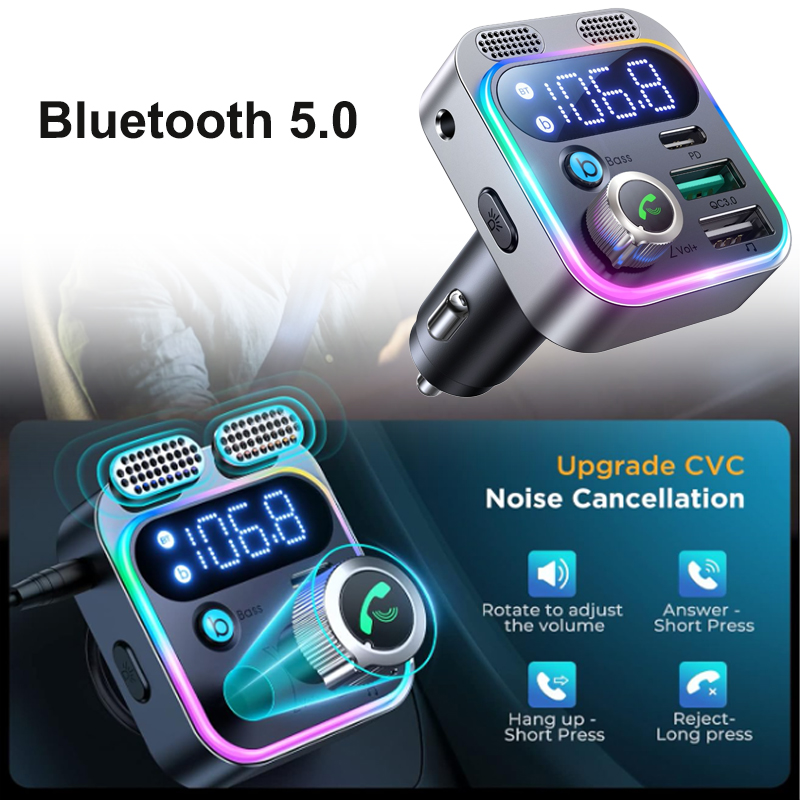 Transmisor FM Bluetooth para coche, transmisor FM Bluetooth 5,3, cargador de 3 puertos para coche, cargador rápido FM/AUX, accesorios electrónicos