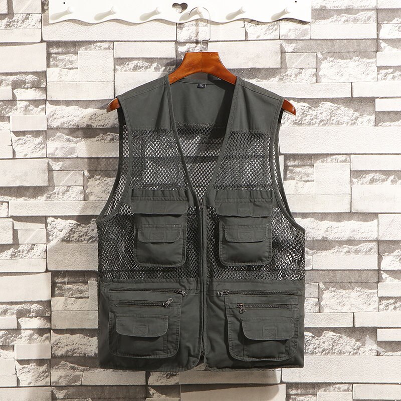 Vesten Mannen Met Veel Zakken Dunne Mesh Lossen Biker Vest Mannen Casual Zomer Mesh Casual Multi Vest Schouder Mouwloze Jas: Dark Gray / XXL