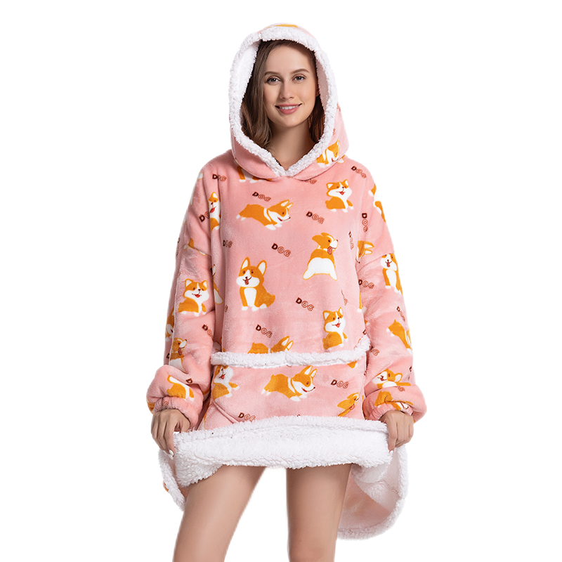 Wärmer Winter-Decken-Hoodie mit Ärmeln, übergroß, verdickt, tragbar, Decke, Sweatshirt, Flanell-Vlies, Sherpa-Riesen-Hoodie