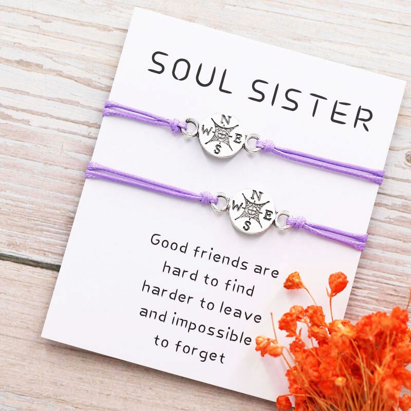 2Pcs/Set Soul Sister Compass Bracelet Friendship Long Distance Compass Charm Couple Bracelet Compass Jewelry Best Friend: Purple