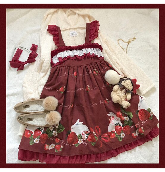 Kawaii Girl Gothic Ruffle Cosplay Jsk Vintage Dress Princess Tea Party Lace Sweet Bowknot Printing Jsk Lolita Cos Cute Dress: Red