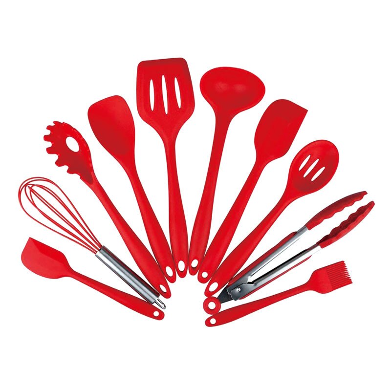 12 Pcs Keuken Gebruiksvoorwerp Set Siliconen Koken Gereedschap Huishoudelijke Houten Koken Gereedschap Ontmoette Opbergdoos Turner Tang Spatel Turner: 10pcs Red