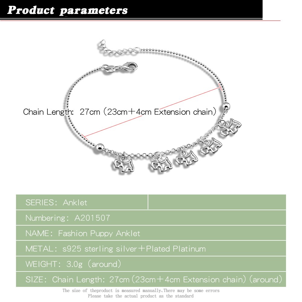 Sommer frauen Beliebte Silber Schmuck 925 Sterling Silber Fußkettchen Nette Welpen Knöchel Armbinde Strand Party Zubehör