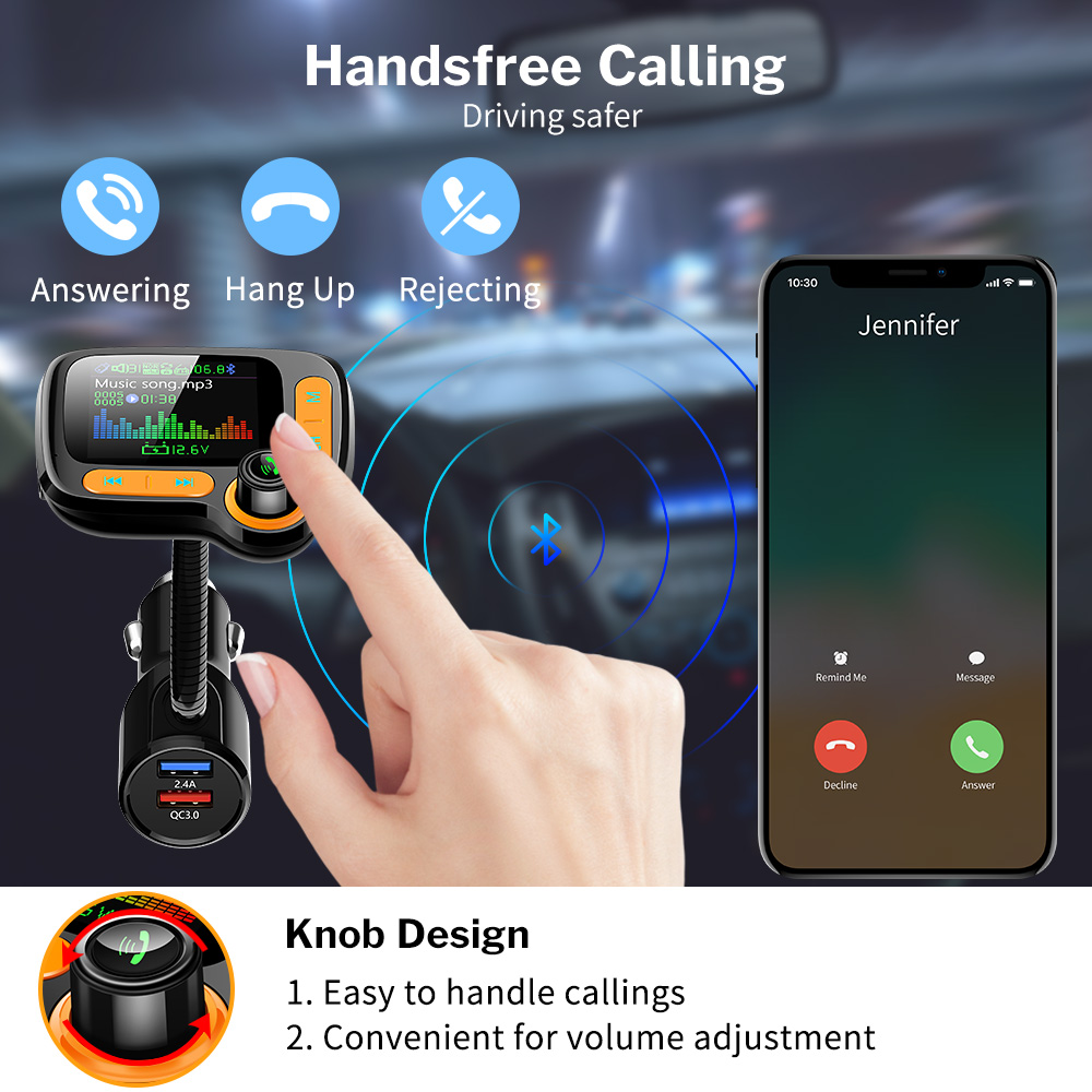 Deelife Bluetooth 5.0 nadajnik modulator FM samochodowy zestaw głośnomówiący z kolorowym ekranem automatyczny odtwarzacz MP3 podwójna szybka ładowarka USB