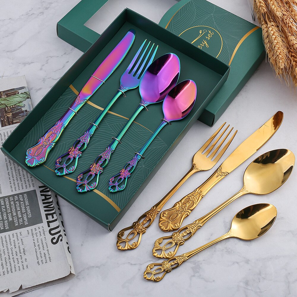 16Pcs Stainless Steel Vintage Dinnerware Set Gold ... – Grandado