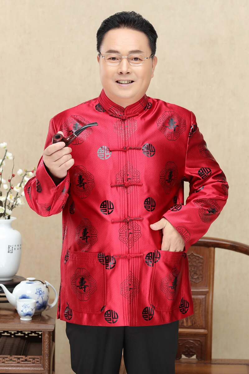 Chinese Red Men Tang Uniform Long Sleeve Autumn Rayon Chinese Traditional Parent Birthday Jacket Chinese Tunic Sui 90