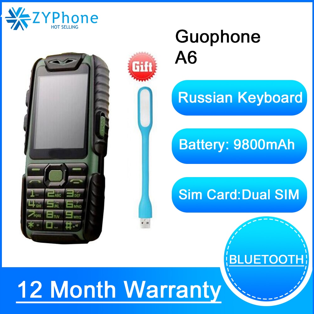 Guophone A6 9800mAH Power Bank Mobile Phone 2.4"0.3MP Camera With English or Flashlight and Russian Keyboard Cell Phones