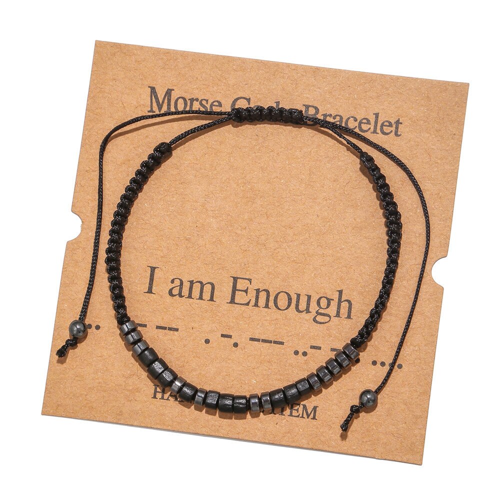 Morse Code Bracelet Black Iron Stone Beaded Hand-woven Card Couple Bracelet: I Am Enough