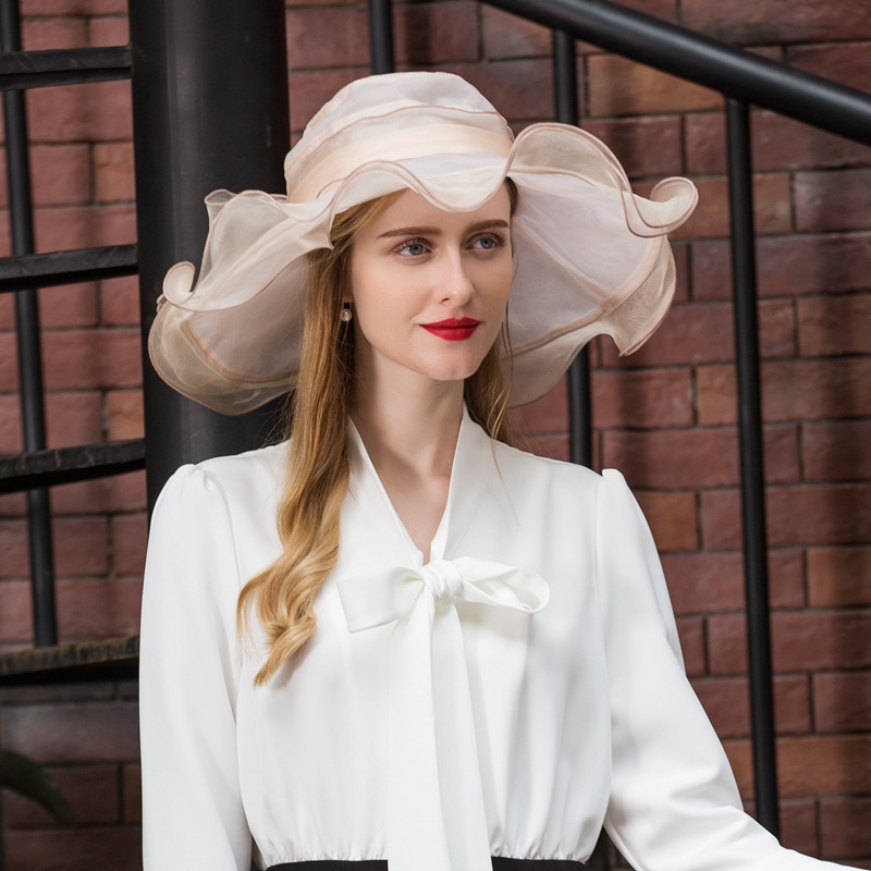 Ladies Light Purple Silk Royal Wedding Hats Women Large Wide Brim Foldable Cap with Bowknot Sombreros B-8206: white