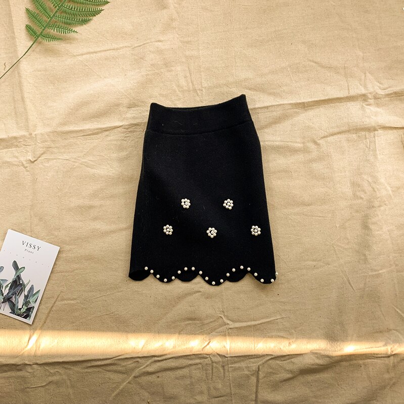 Preppy Spring Autumn Student Girls Knit Skirts Bead Princess Pencil Skirt 5 6 7 8 9 10 11 12 13 14 Year Korean Kids Baby Clothes: Black / 5