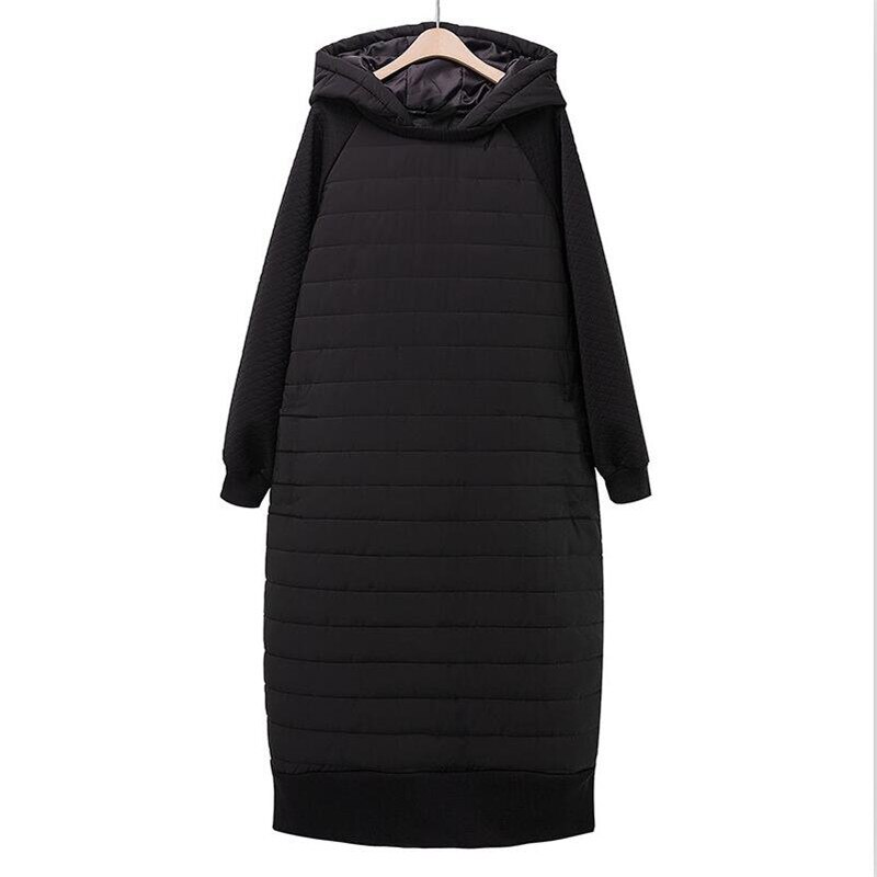 Casacos de algodão com capuz para mulheres, casaco longo de veludo, roupas retas, manga cheia, patchwork maxi, moda feminina, inverno, 2024: 5XL